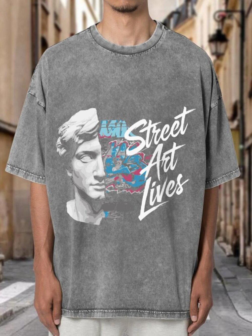 Street Art Lives David Statue Mineral Wash Oversized GraphicT-shirt UW97NYZYPO02